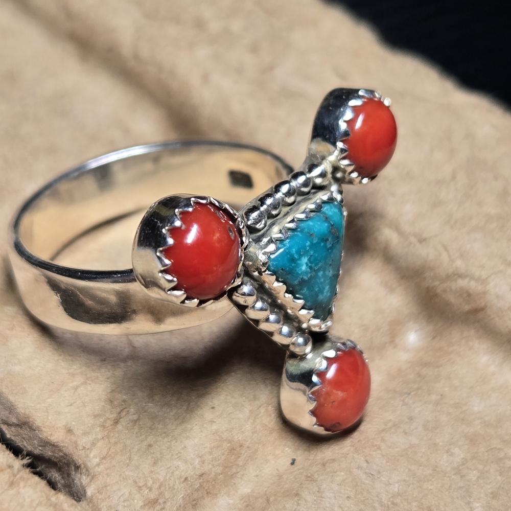 Silver Ring with Red and Turquoise Accents